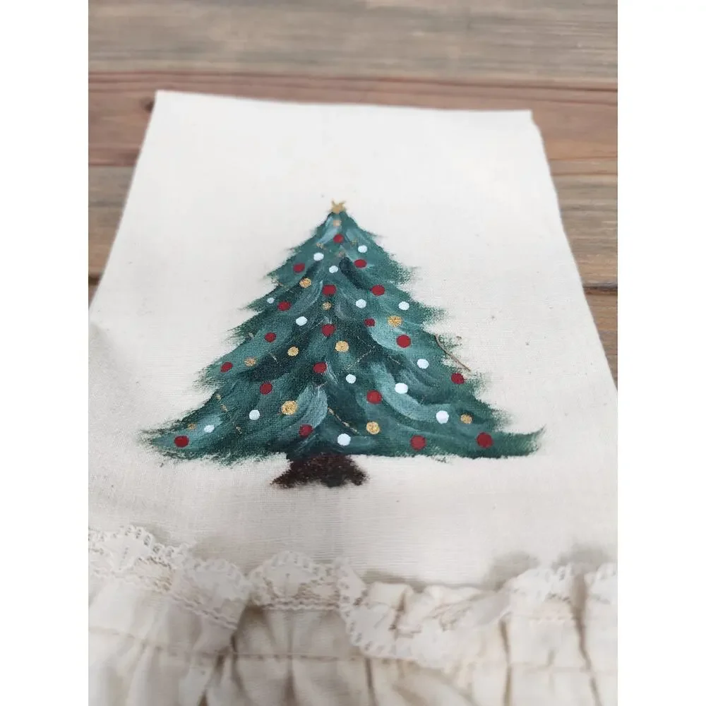 Linen Hand Painted Ruffle Christmas Tree Hand towel